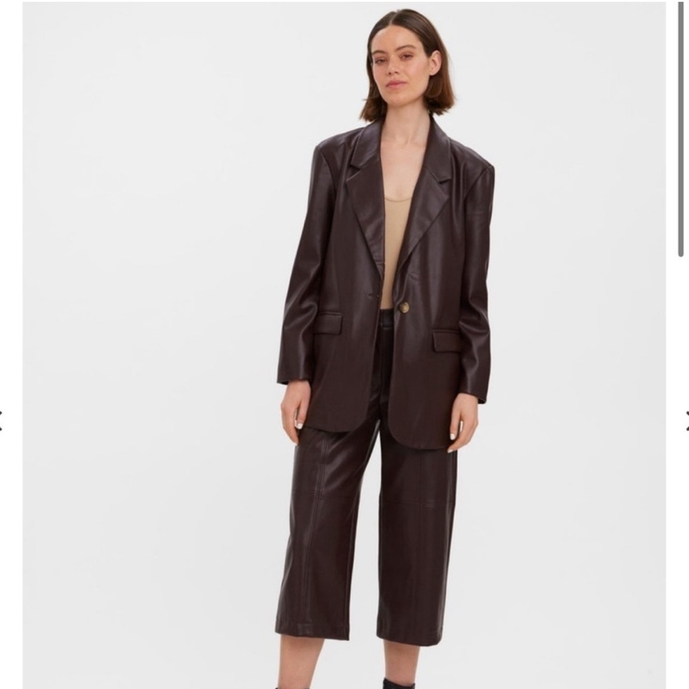 Vero Moda Blazer Size L Olivia Faux Leather Blazer in Coffee Bean Pockets